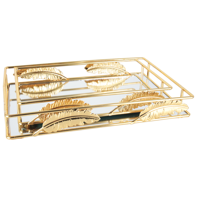 SET 2 PLATEAUX DECO METAL RECTANGULAIRE MODELE OR 17*28 &amp; 22*33 CM