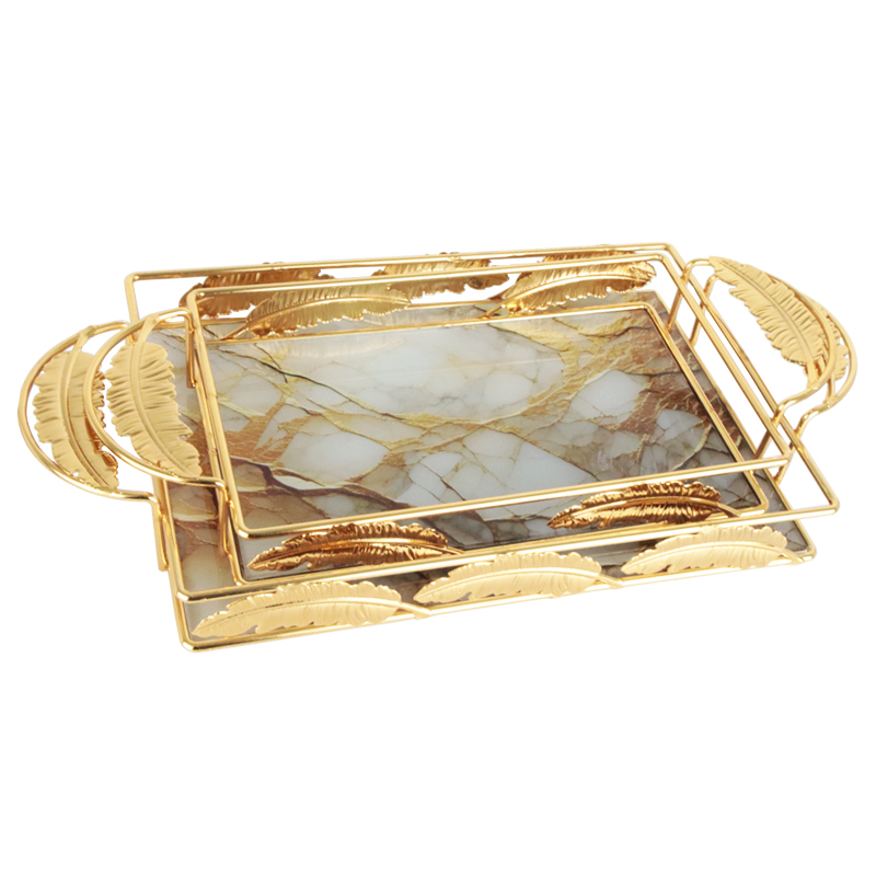 SET 2 PLATEAUX DECO METAL RECTANGULAIRE MODELE OR DESIGN MARBRE 17*40 &amp; 22*45 CM
