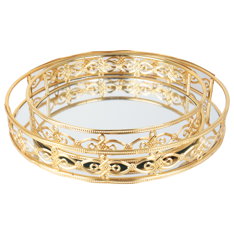SET 2 PLATEAUX DECO METAL ROND 25 CM &amp; 30 CM MODELE OR