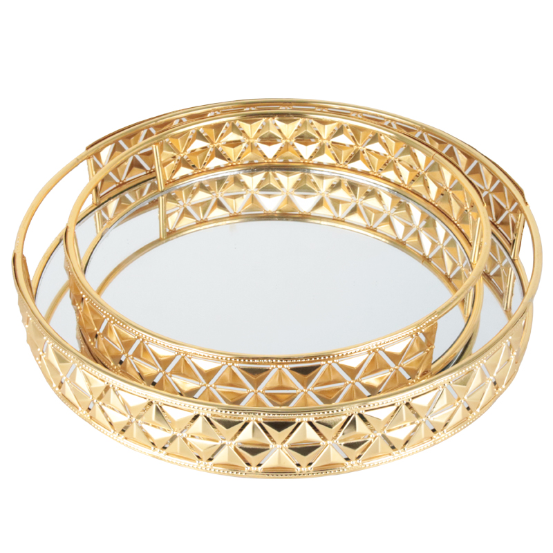 SET 2 PLATEAUX DECO METAL ROND 25 CM &amp; 30 CM MODELE OR
