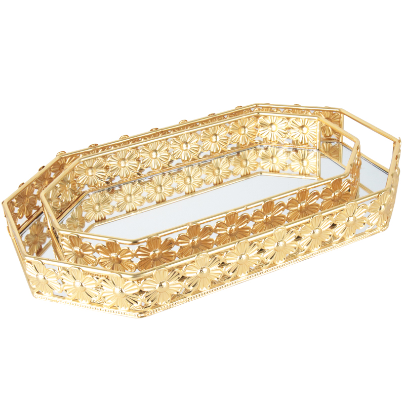 SET 2 PLATEAUX DECO METAL OCTOGONAL 18X31 CM &amp; 24X38 CM MODELE OR