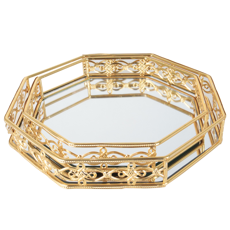 SET 2 PLATEAUX DECO METAL OCTOGONAL 25X25 CM &amp; 30X30 CM MODELE OR