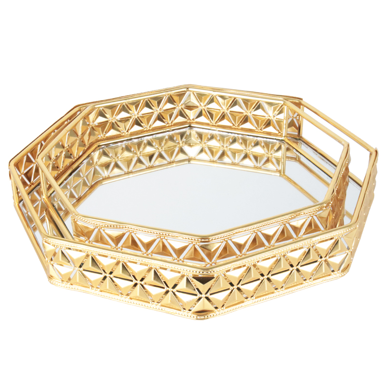 SET 2 PLATEAUX DECO METAL OCTOGONAL 25X25 CM &amp; 30X30 CM MODELE OR