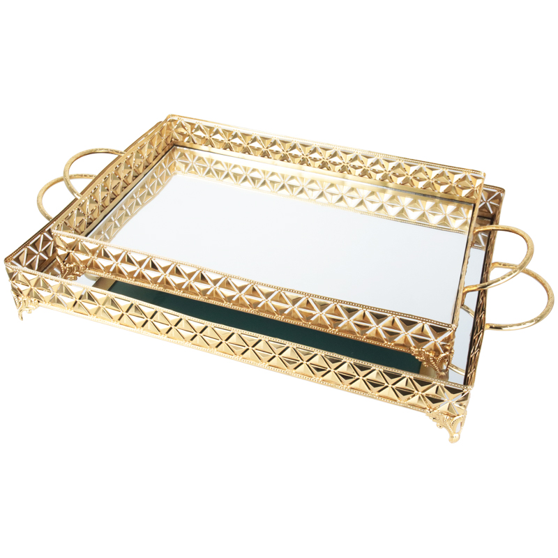 SET 2 PLATEAUX DECO METAL RECTANGULAIRE MODELE OR 37*25 &amp; 43*32 CM