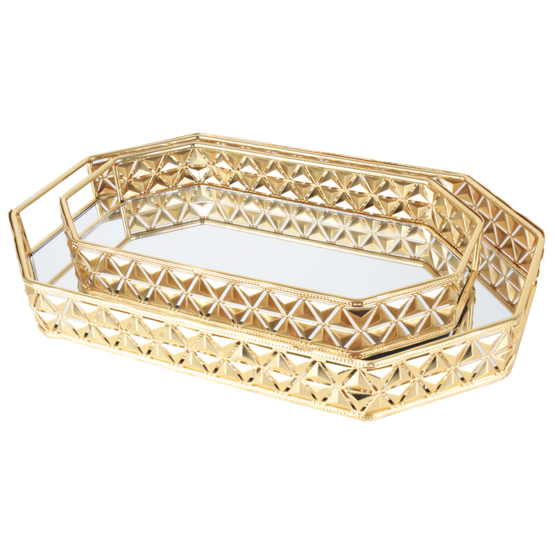 SET 2 PLATEAUX DECO METAL OCTOGONAL 31X18 &amp; 38X24 CM MODELE OR