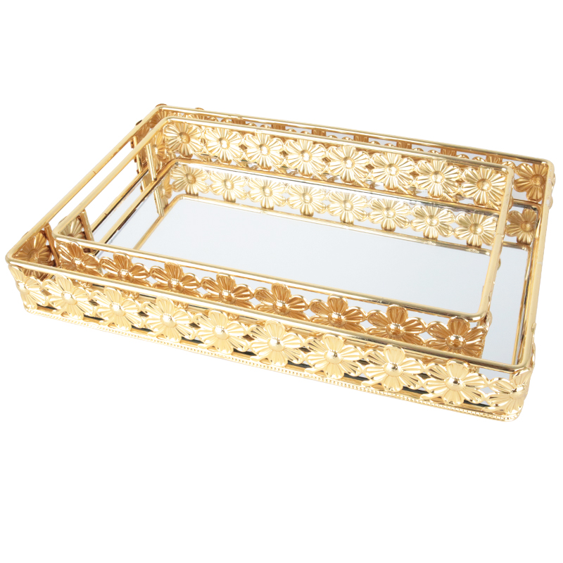 SET 2 PLATEAUX DECO METAL RECTANGULAIRE 28*19 &amp; 35*25 CM MODELE OR
