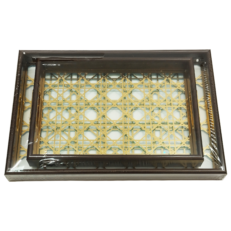 SET 2 PLATEAU DECO MDF + VERRE 40X28 CM &amp; 32X33 CM MODELE MARRON