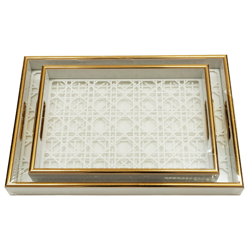 SET 2 PLATEAU DECO MDF + VERRE 40X28 CM &amp; 32X33 CM MIX MODELE BLANC/OR