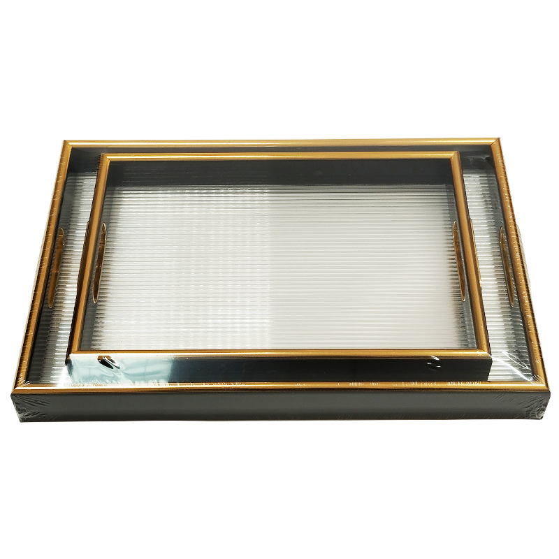 SET 2 PLATEAU DECO MDF + VERRE 40X28 CM &amp; 32X33 CM MIX MODELE NOIR/OR