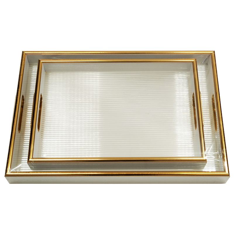SET 2 PLATEAU DECO MDF + VERRE 40X28 CM &amp; 32X33 CM MODELE BLANC