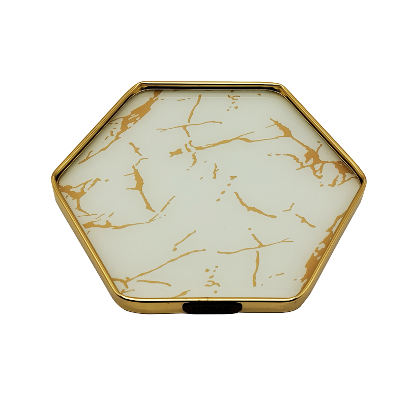 PLATEAU DECO METAL FORME OCTOGONE  20X20 CM MODELE OR DESIGN MIX MARBRE BLANC/NOIR