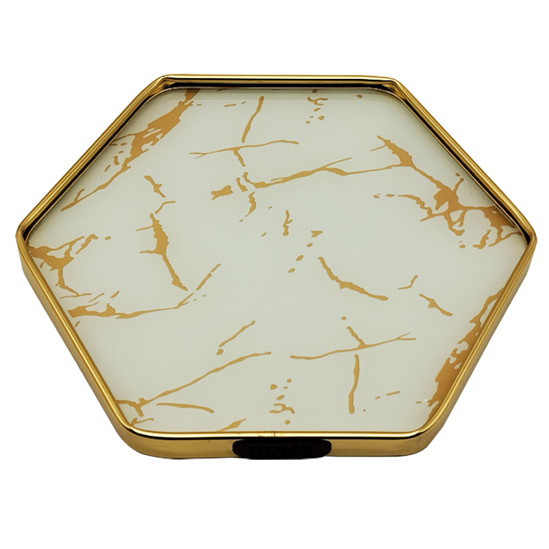 PLATEAU DECO METAL FORME OCTOGONE  28X28 CM MODELE OR DESIGN MIX MARBRE BLANC/NOIR
