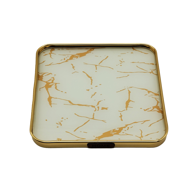 PLATEAU DECO METAL FORME CARRE  20X20 CM MODELE OR DESIGN MIX MARBRE BLANC/NOIR