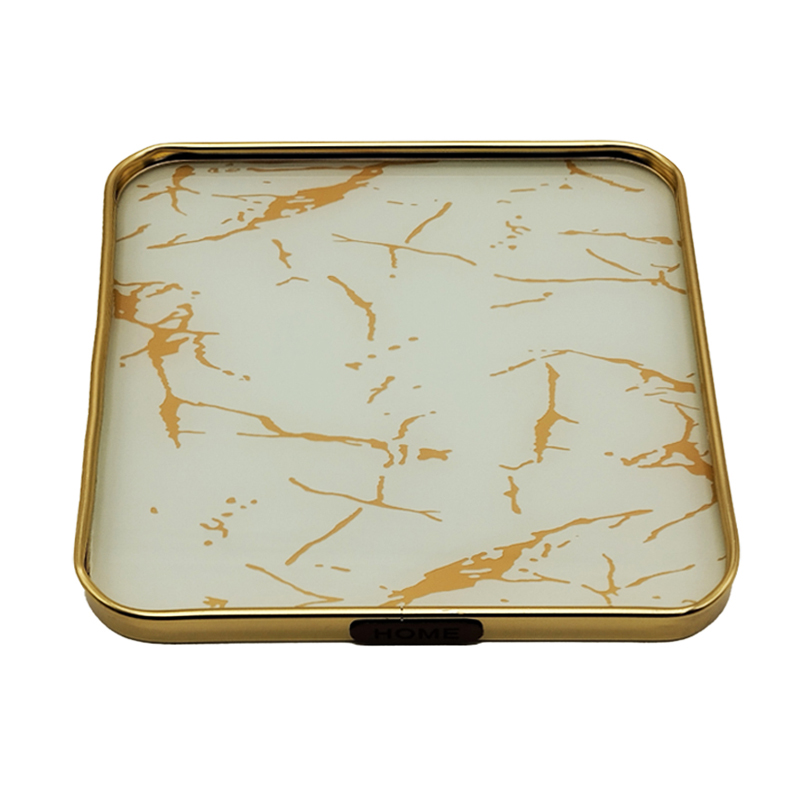 PLATEAU DECO METAL FORME CARRE  25X25 CM MODELE OR DESIGN MIX MARBRE BLANC/NOIR
