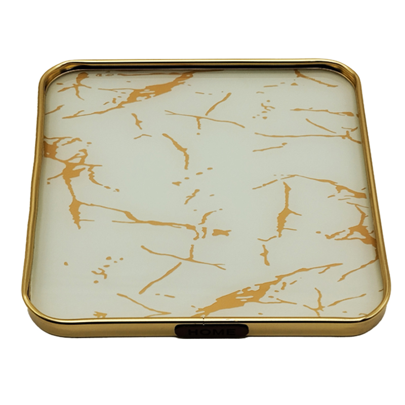 PLATEAU DECO METAL FORME CARRE  29X29 CM MODELE OR DESIGN MIX MARBRE BLANC/NOIR