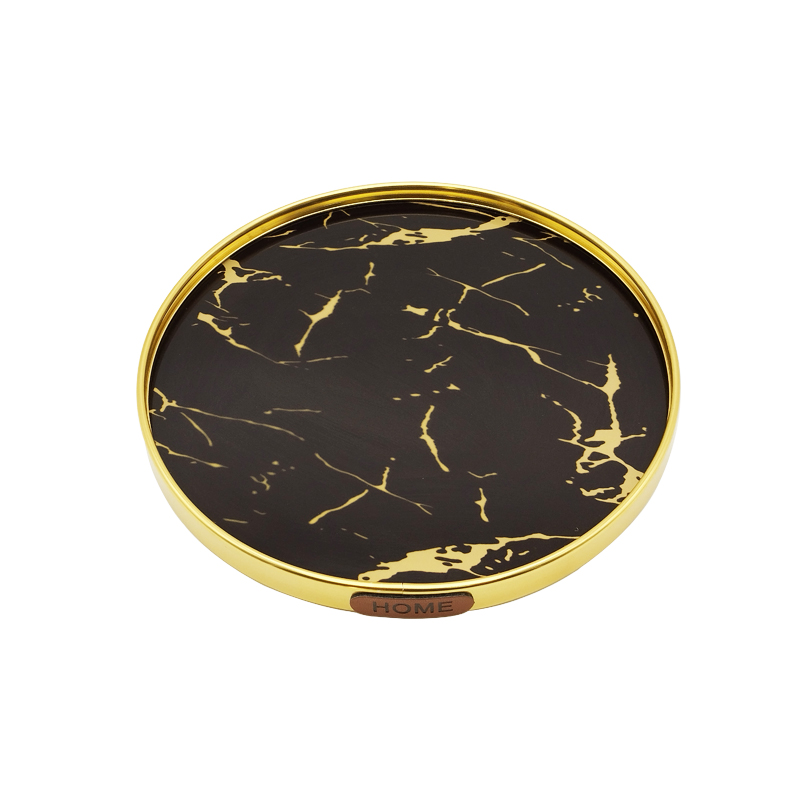 PLATEAU DECO METAL FORME RONDE  20 CM MODELE OR DESIGN MIX MARBRE BLANC/NOIR