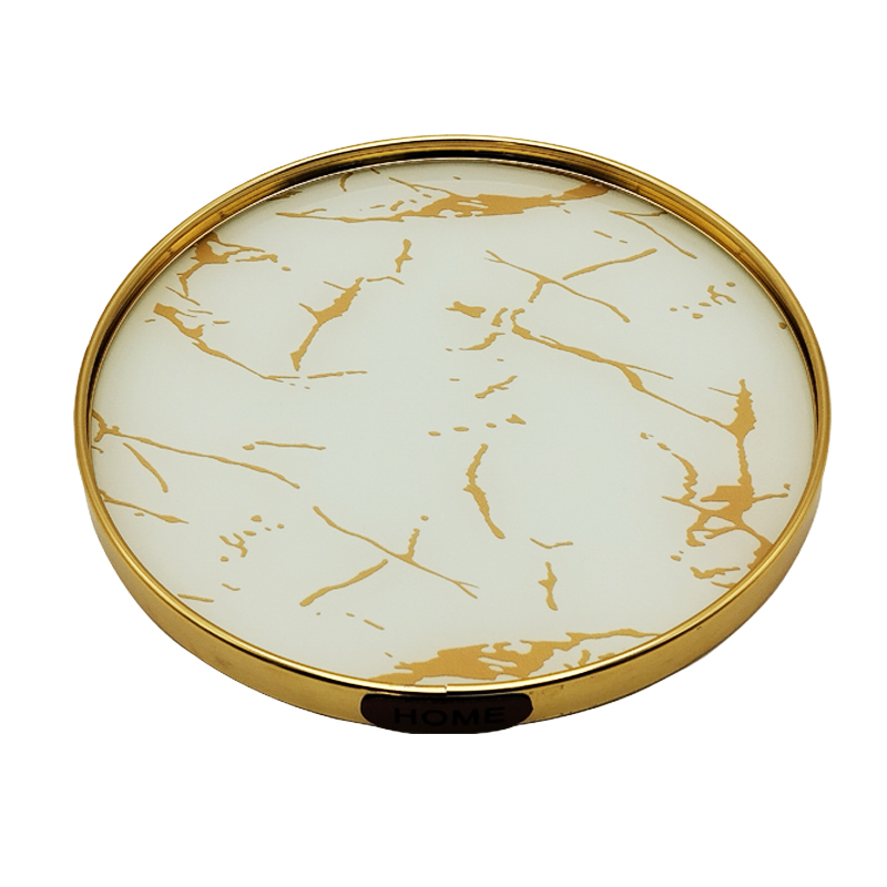 PLATEAU DECO METAL FORME RONDE  25 CM MODELE OR DESIGN MIX MARBRE BLANC/NOIR