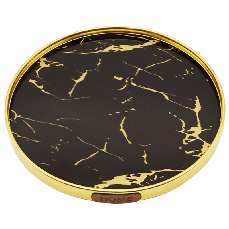 PLATEAU DECO METAL FORME RONDE  30 CM MODELE OR DESIGN MIX MARBRE BLANC/NOIR