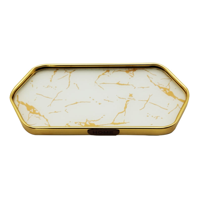 PLATEAU DECO METAL FORME RECTANGULAIRE BORD OCTOGONE  28X14 CM MODELE OR DESIGN MIX MARBRE BLANC/NOIR