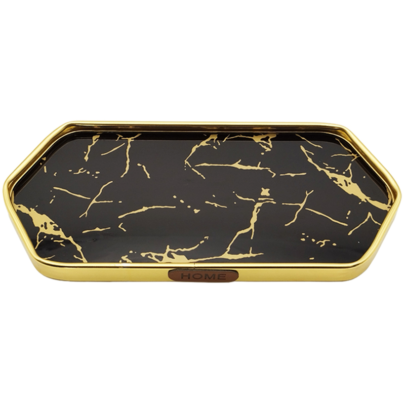 PLATEAU DECO METAL FORME RECTANGULAIRE BORD OCTOGONE  35X15 CM MODELE OR DESIGN MIX MARBRE BLANC/NOIR