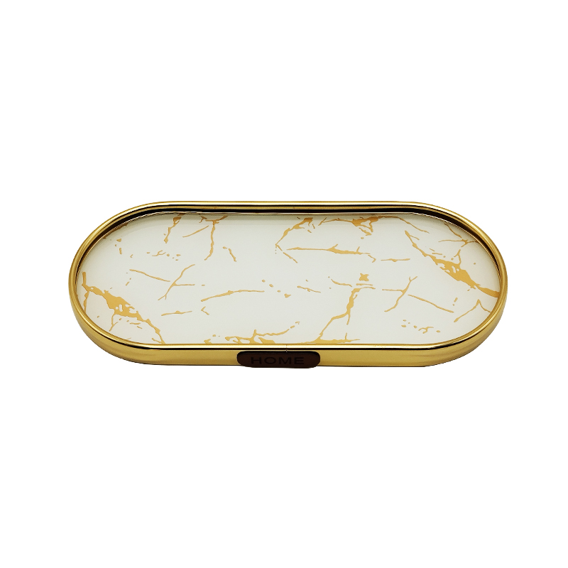 PLATEAU DECO METAL FORME RECTANGULAIRE BORD ROND  22X9,5 CM MODELE OR DESIGN MIX MARBRE BLANC/NOIR