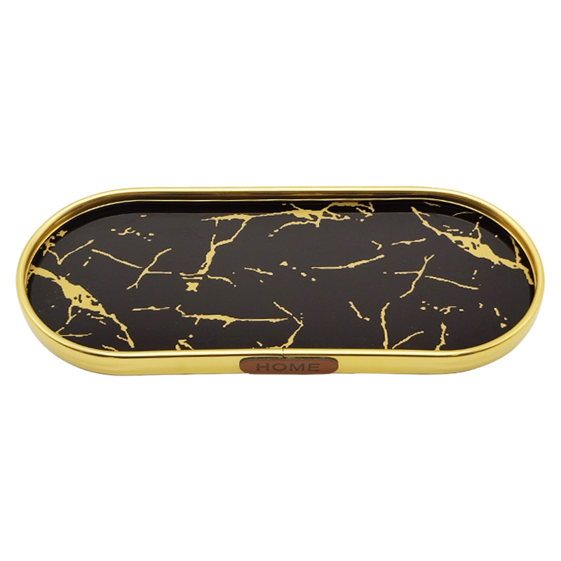 PLATEAU DECO METAL FORME RECTANGULAIRE BORD ROND  35X12 CM MODELE OR DESIGN MIX MARBRE BLANC/NOIR