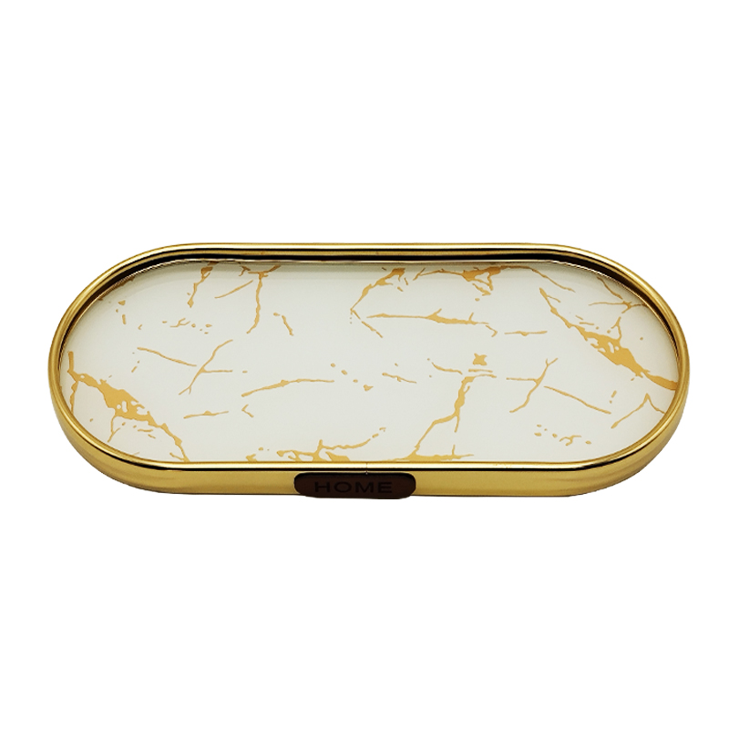 PLATEAU DECO METAL FORME RECTANGULAIRE BORD ROND  35X15 CM MODELE OR DESIGN MIX MARBRE BLANC/NOIR