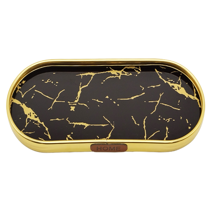 PLATEAU DECO METAL FORME RECTANGULAIRE BORD ROND  40X20 CM MODELE OR DESIGN MIX MARBRE BLANC/NOIR