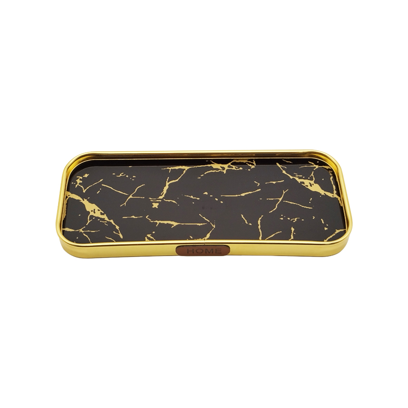 PLATEAU DECO METAL FORME RECTANGULAIRE  22X9,5 CM MODELE OR DESIGN MIX MARBRE BLANC/NOIR