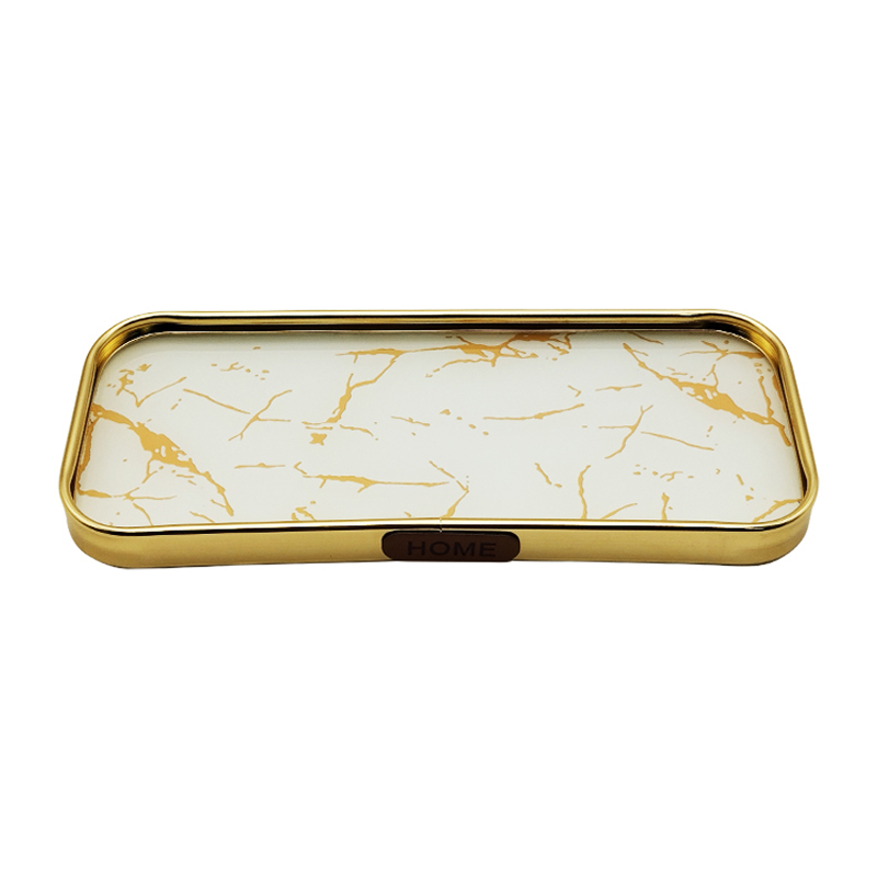 PLATEAU DECO METAL FORME RECTANGULAIRE  30X10 CM MODELE OR DESIGN MIX MARBRE BLANC/NOIR