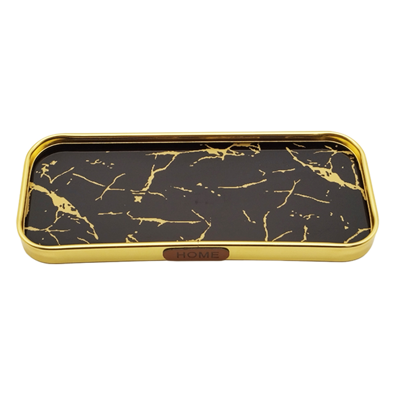 PLATEAU DECO METAL FORME RECTANGULAIRE  35X12 CM MODELE OR DESIGN MIX MARBRE BLANC/NOIR