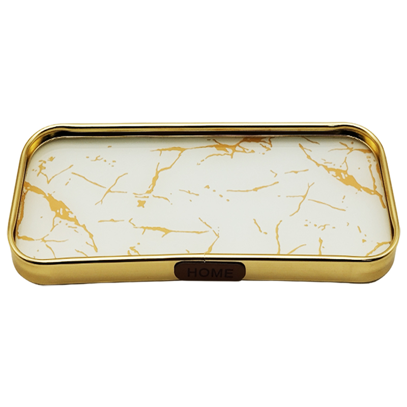 PLATEAU DECO METAL FORME RECTANGULAIRE  35X15 CM MODELE OR DESIGN MIX MARBRE BLANC/NOIR