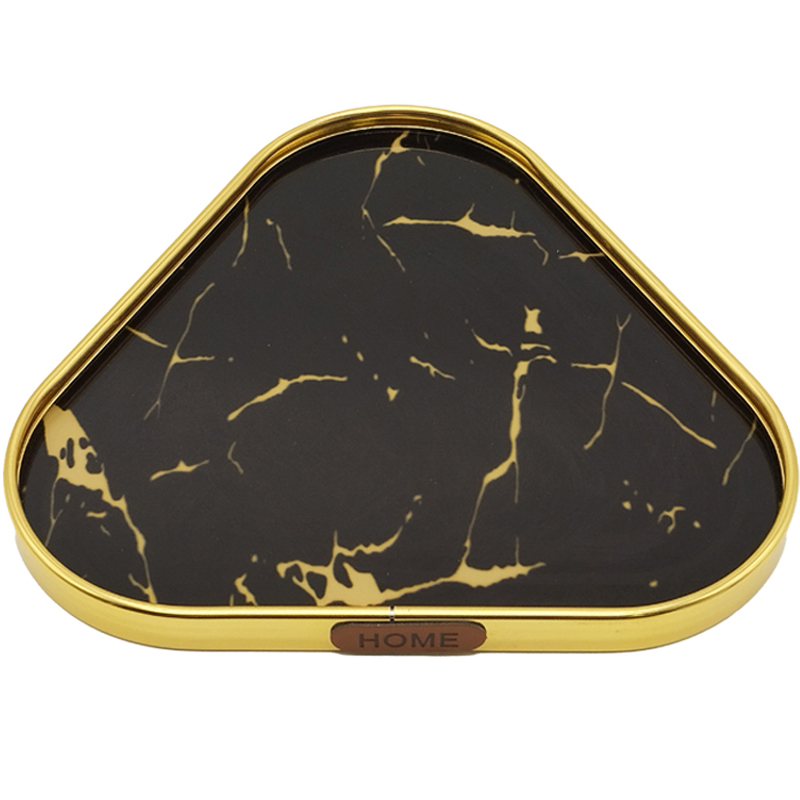 PLATEAU DECO METAL FORME TRIANGLE "HOME" 32X32 CM MODELE OR DESIGN MIXE MARBRE BLANC/NOIR