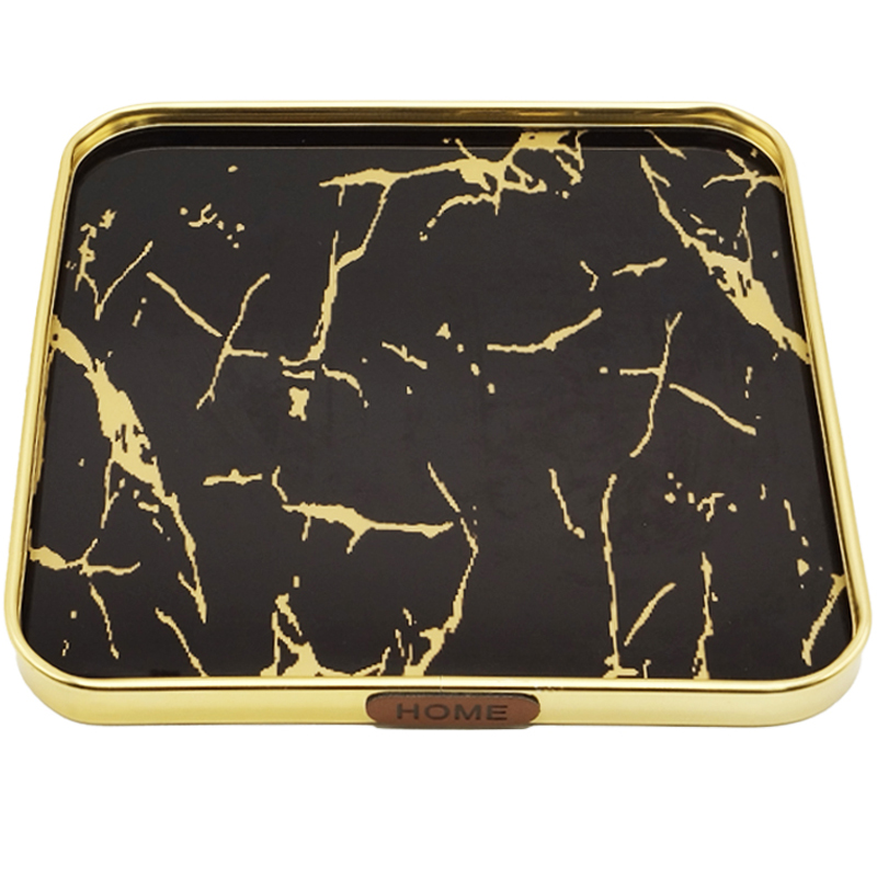 PLATEAU DECO METAL FORME CARRE "HOME" 35X35 CM MODELE OR DESIGN MIXE MARBRE BLANC/NOIR