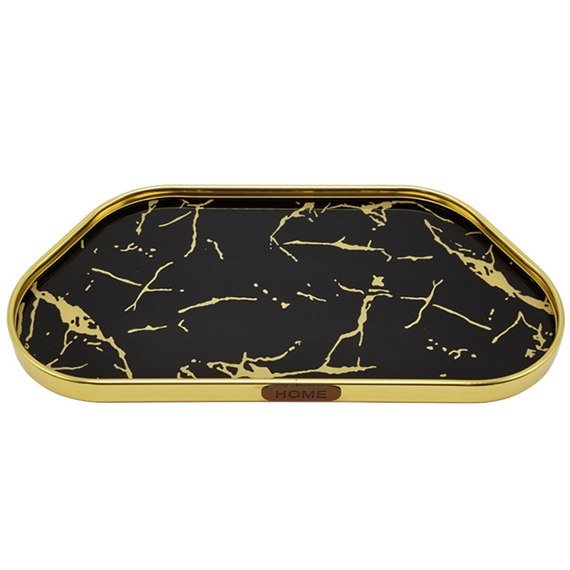 PLATEAU DECO METAL FORME NUAGE 44X24 CM MODELE OR DESIGN MIX MARBRE BLANC/NOIR