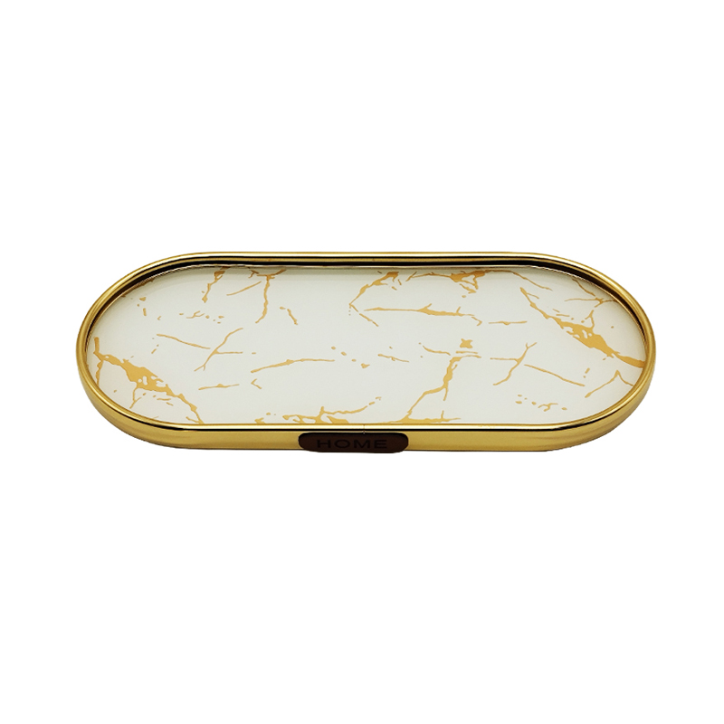 PLATEAU DECO METAL FORME RECTANGULAIRE BORD ROND 30X10 CM MODELE OR DESIGN MIXE MARBRE BLANC/NOIR