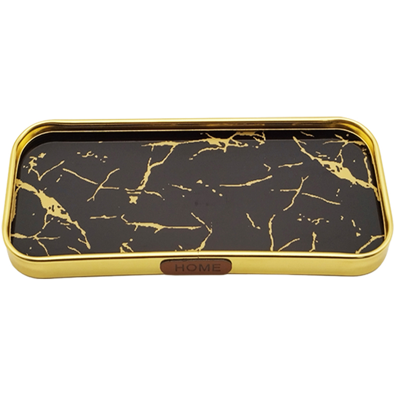 PLATEAU DECO METAL FORME RECTANGULAIRE 40X20 CM MODELE OR DESIGN MIX MARBRE BLANC/NOIR