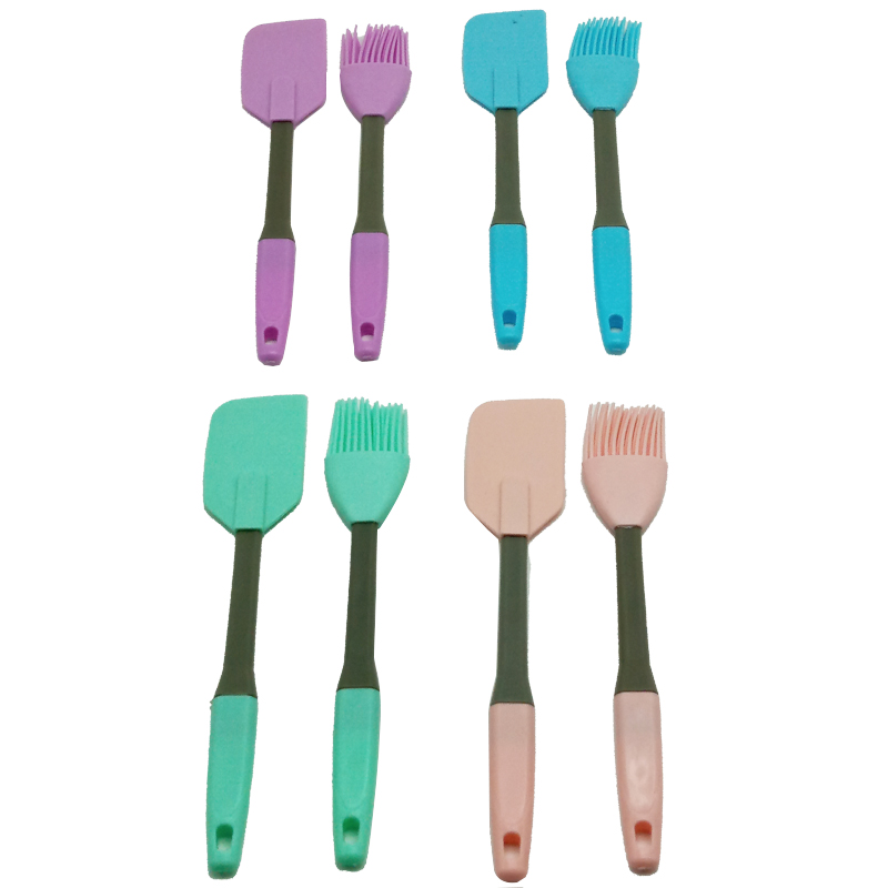 Set 2 pièces spatule + brosse silicone 24 cm mix couleur Bleu / Rose / Vert / Violet