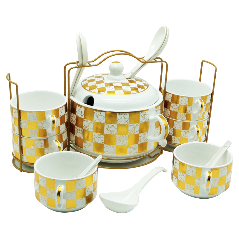 Set 15 pièces avec support métal (Soupière 20x13 cm + Bols 11x7 cm + Cuillères)