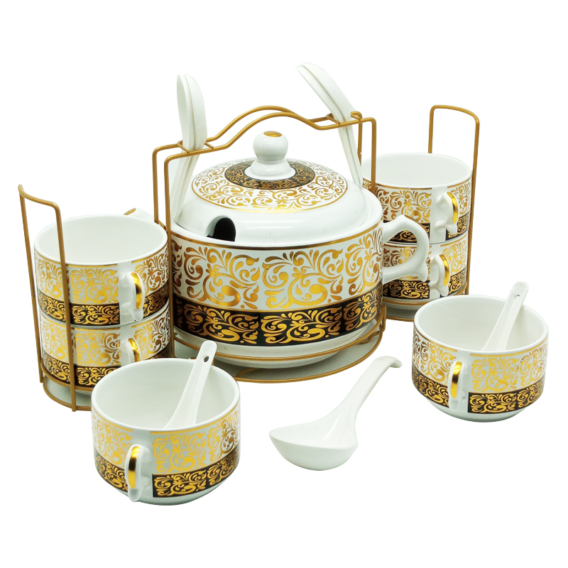 Set 15 pièces avec support métal (Soupière 20x13 cm + Bols 11x7 cm + Cuillères)