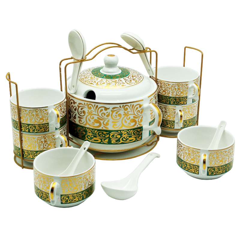 Set 15 pièces avec support métal (Soupière 20x13 cm + Bols 11x7 cm + Cuillères)