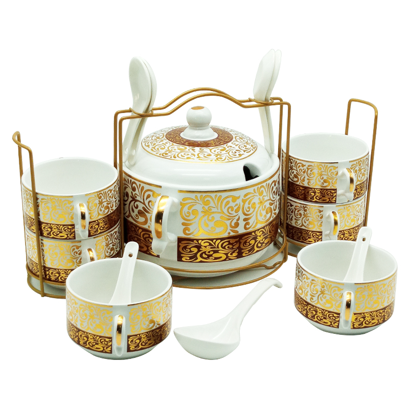 Set 15 pièces avec support métal (Soupière 20x13 cm + Bols 11x7 cm + Cuillères)