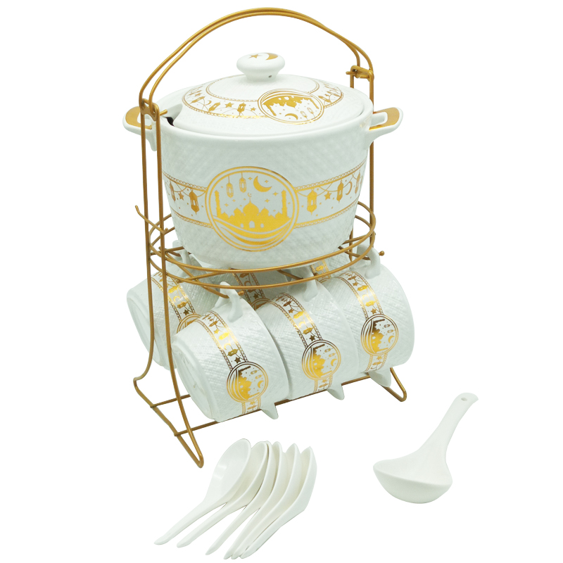 Set 15 pièces avec support métal (Soupière 20x13 cm + Bols 11x7 cm + Cuillères)