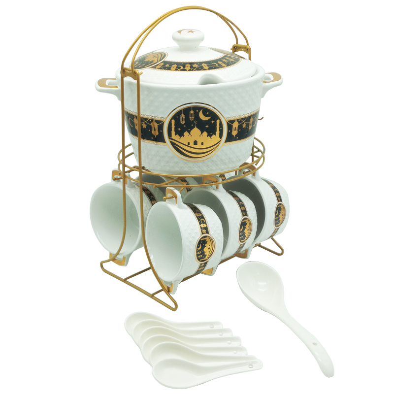 Set 15 pièces avec support métal (Soupière 20x13 cm + Bols 11x7 cm + Cuillères)
