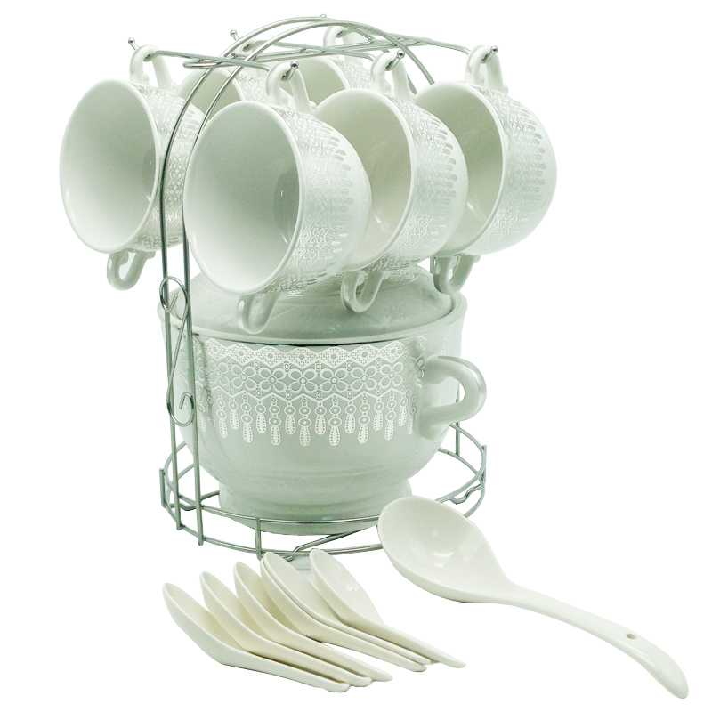 Set 15 pièces avec support métal (Soupière 20x13 cm + Bols 11x7 cm + Cuillères)