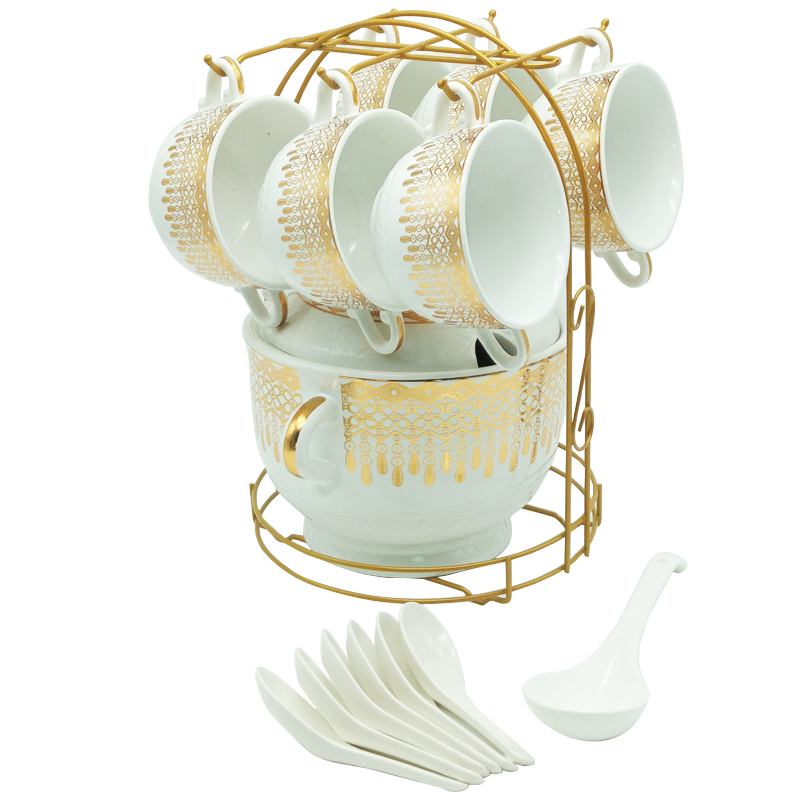 Set 15 pièces avec support métal (Soupière 20x13 cm + Bols 11x7 cm + Cuillères)