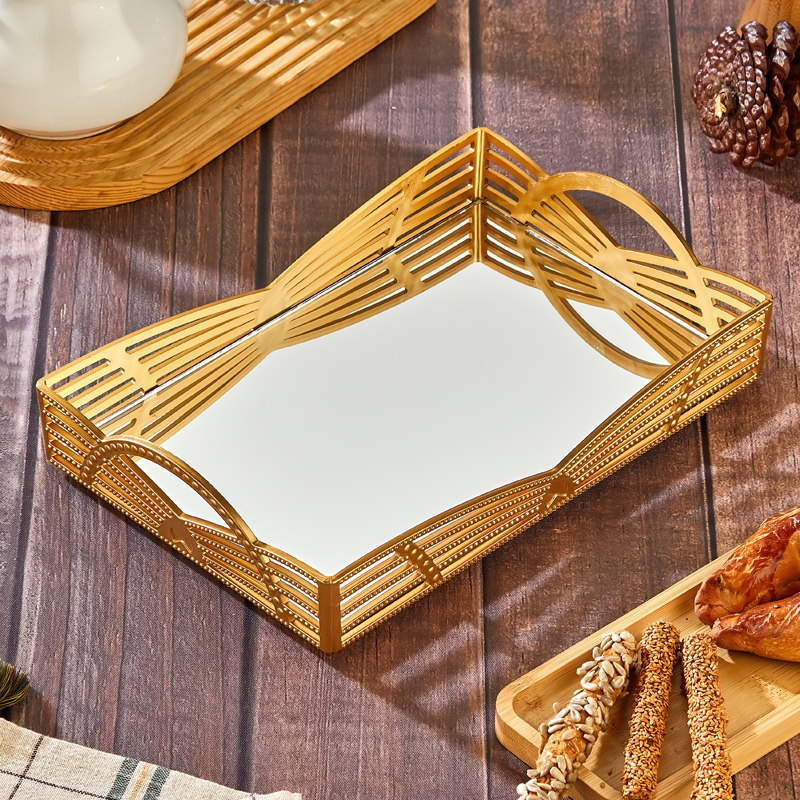 PLATEAU DECO PLASTIQUE ET MIRROIR 32X20 CM MODELE OR