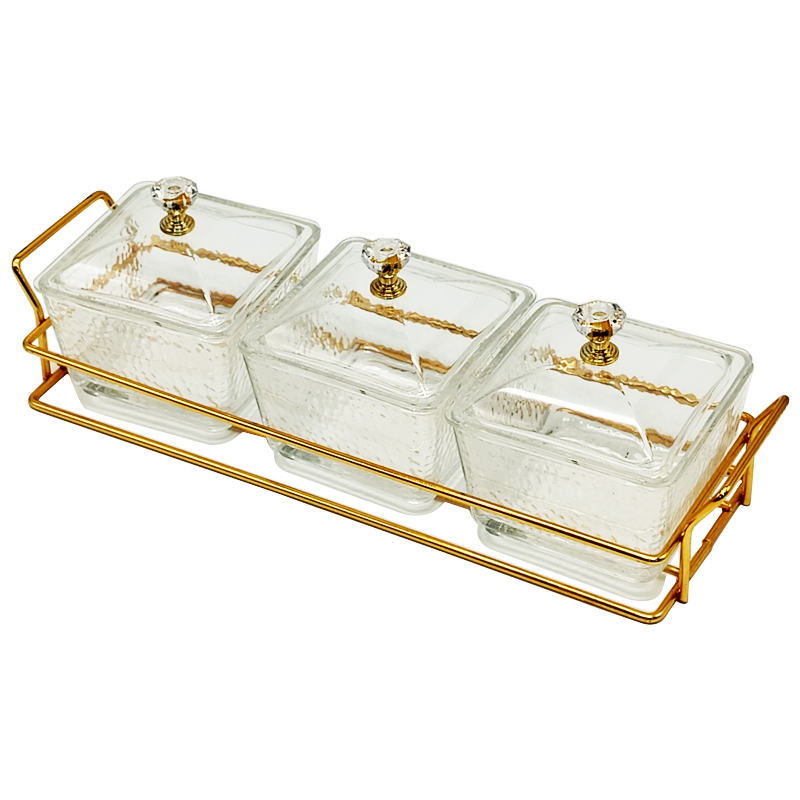 Service 3 bols en verre avec couvercle support metal en or 28x10 Cm