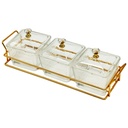 Service 3 bols en verre avec couvercle support metal en or 28x10 Cm