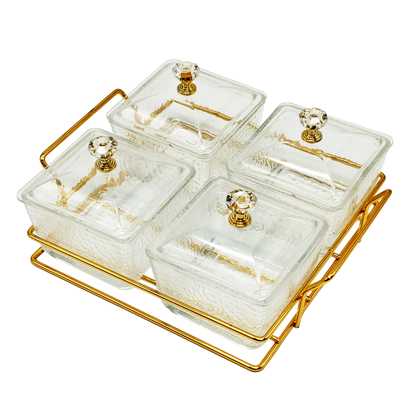 Service 4 bols en verre avec couvercle support metal en or 19x19 Cm